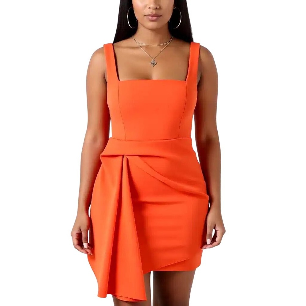 Belle Badgley Mischka Dylan $239 Orange Square Neck Draped Ruffle Mini Dress